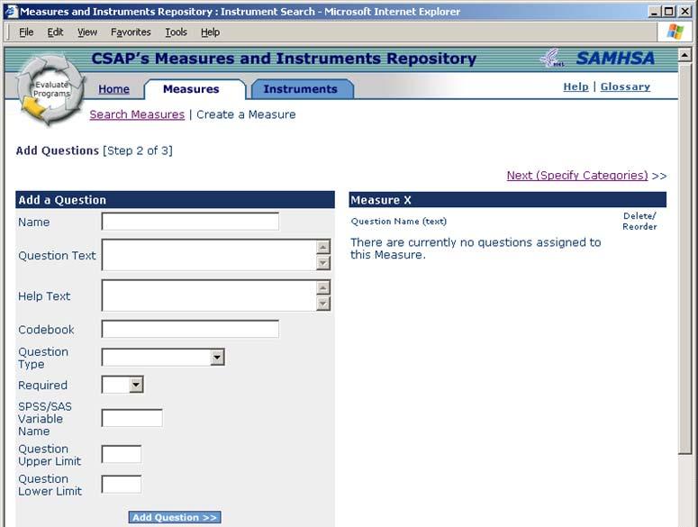 Page I.D..5.. Page Title Measures and Instruments Repository : Add a Question Version.0 File name M_create3.htm. If this is a new measure the message shown will be displayed.