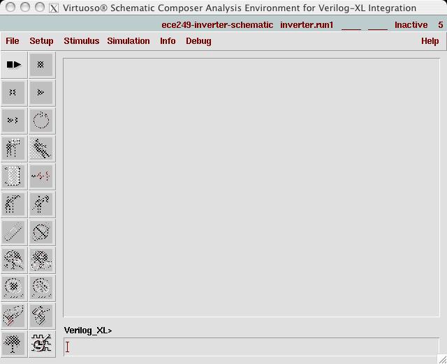 Start Verilog-XL In the schematic design window, click on Tools-> Simulation->Verilog-XL to start Verilog-XL. A pop up dialogue box will appear.