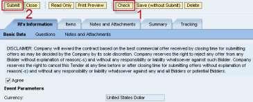 Correct the errors and reiterate the check. For submitting the bid, click the "Submit" (2) button.