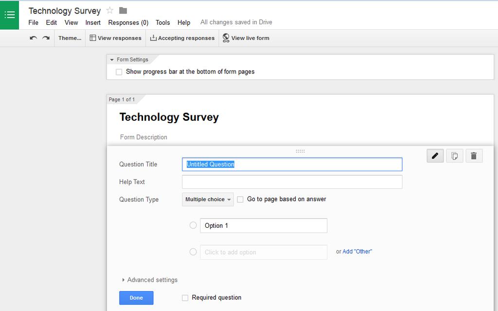 Creating a Survey on Google Drive 2 Give your survey a title up here, and pick the theme below. Don't worry you can always change either one later. You will then see the sample form shown below.