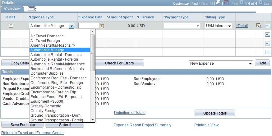 11. In the Details section, click on the arrow in the first drop-down box under Expense Type and select the appropriate expense type (e.g., automobile mileage) from the list provided. 12.