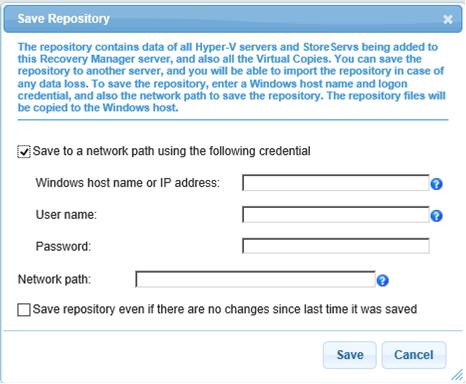 Figure 56 Save Repository on Network Path 3. Select the option Save to a network path using the following credential. By default this option is selected. 4.