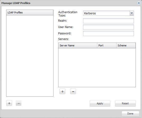 CONFIGURATION Manage LDAP Profile dialog box 3 Click the + button under the LDAP Profiles list to create a new LDAP profile. 4 Enter a name for the LDAP profile in the Profile Name field.