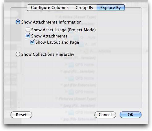 USER INTERFACE Use the Explore By tab to display QuarkXPress projects and attached assets or to display assets in the collections hierarchy.
