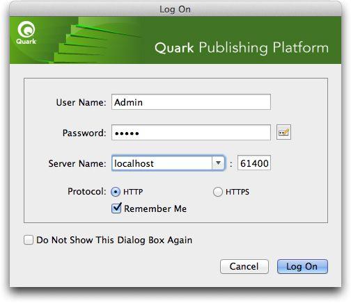 CLIENT TASKS log on through the Quark Publishing Platform Welcome screen that displays in the Internet browser window when the user enters the correct URL.