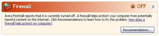 10.3.2 The Windows Security Center and your AntiVir program FireWall You may receive the following information from the Security Center with regard to your firewall: FireWall ACTIVE / FireWall on