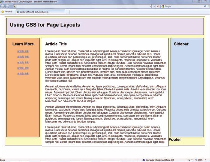 CHAPTER 7 Page Layouts 328 Completed sidebar division Wrapper division does not contain floats correctly Figure 7-27 Completed sidebar division Creating the Footer Division and Containing the Floats