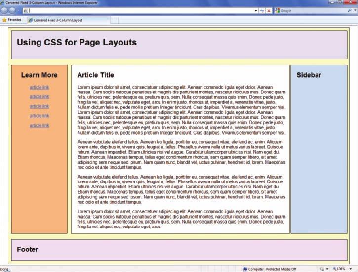 Building a Fixed Page Layout 3. Finish the footer by adding a solid thin border, setting the left and bottom margins to 10 pixels, and adding a background color of pink (#efdfec).