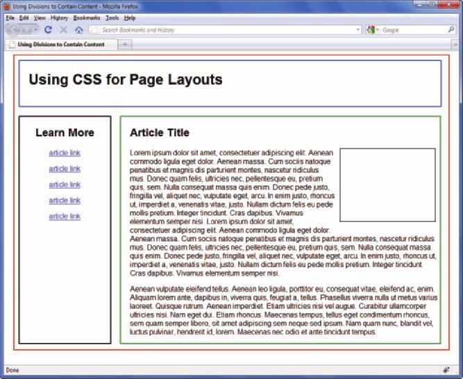 CHAPTER 7 Page Layouts from the sides of the container elements. The wrapper element holds all the pieces together, and lets the page be centered in the browser window.