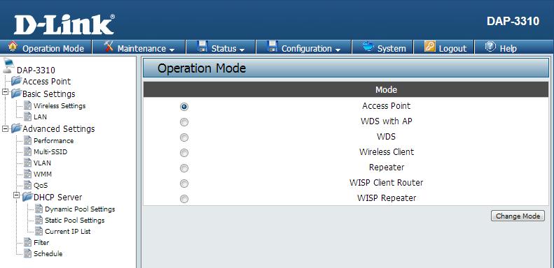 Basic Settings The image to the right shows a configuration menu tree for when the AP is in Access Point mode.