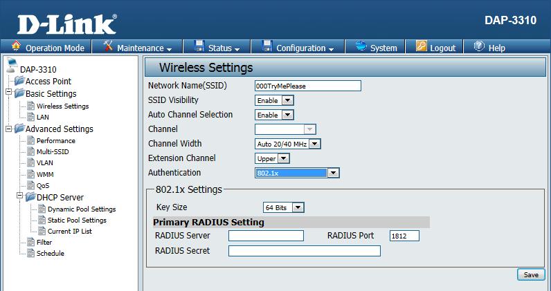 802.1x Authentication Key Size: RADIUS Server: RADIUS Port: RADIUS Secret: Select 64 Bits or 128 Bits for