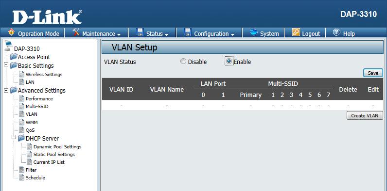 VLAN The VLAN List tab displays the current VLANs. Clicking on Create VLAN will allow you to create a new Virtual LAN with a Name and ID.
