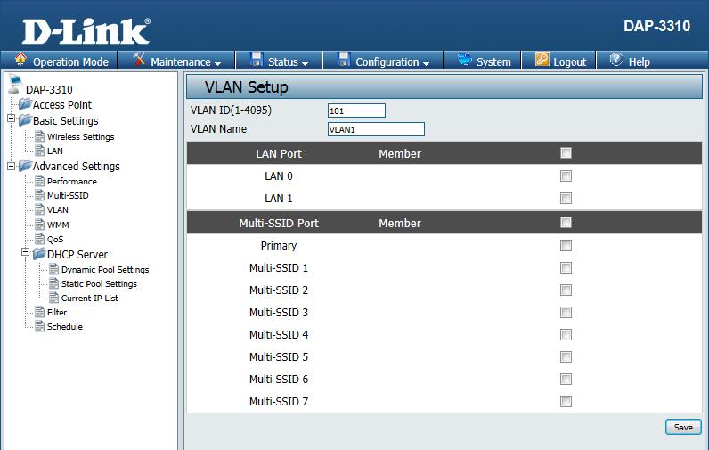 The VLAN Setup tab is used to configure VLANs. Once you have made the desired changes, click the Save button to let your changes take effect.
