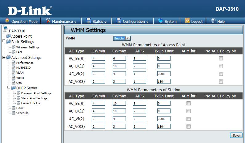 WMM This page will allow you to change the settings that control the WMM feature, which provides QoS for any devices that are connected via wireless to the AP.