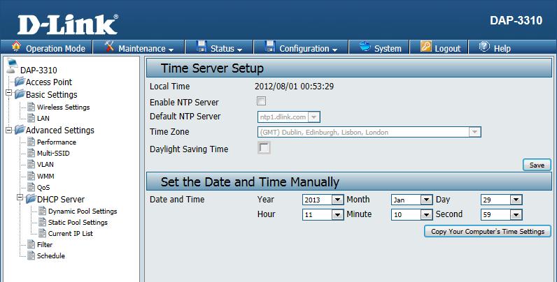 The Time Server Setup page allows you to configure, update, and maintain the correct time on the internal system clock. In this section you can set the time zone that you are in.
