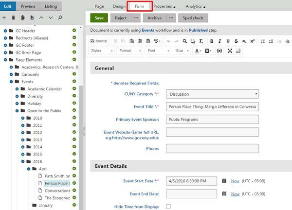 III. Creating Events using Page Elements in CMS Desk Page elements are structured pages that are edited by entering content or values into form fields