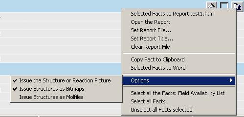 Add the selected facts to the report Open the report in your Browser Define the file name and location for the current report Set the title/header of the report Clear the current report Use the
