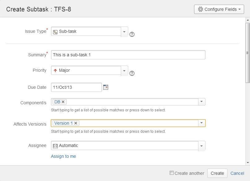 3) Enter the information as desired and click on Create to create the sub-task.