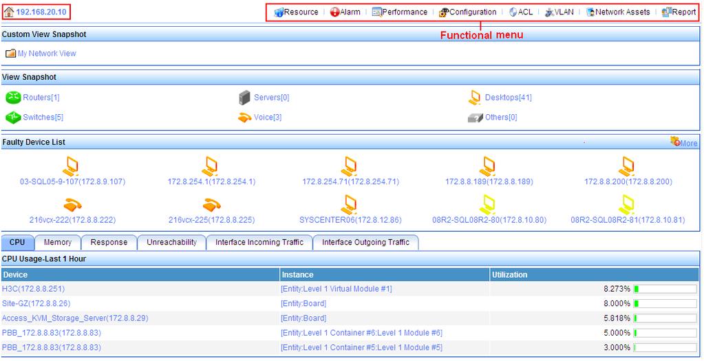 Figure 7 Home page The home page consists of the following areas: IP address link Located on the top left corner of the page to provide a link to the management home page of the current remote site.