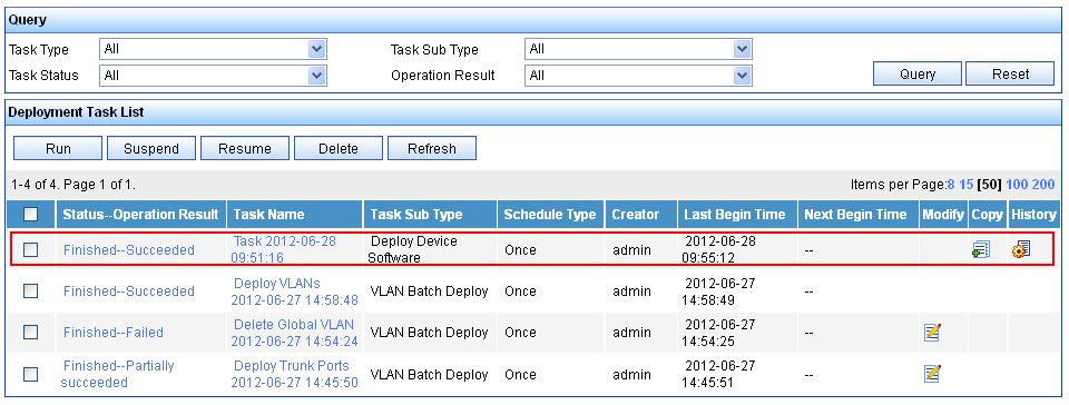 Figure 24 Task execution result Compare device configurations 1. Select Configuration > Configuration Center. The Configuration Center page appears. 2. Click the Operation icon for Core Switch, and then select Configuration Management from the Operation menu.