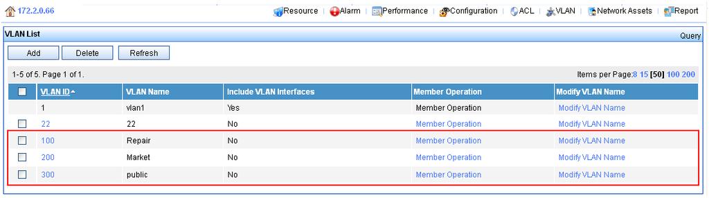 3. To view all deployed VLANs in the network, select VLAN > Global VLAN. The VLAN List page appears. Figure 36 VLAN List 4.
