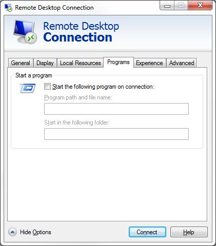 OPTIONS: Programs Leaving this section blank gives the user full access to the Remote session s Desktop.