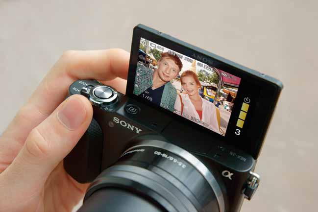 Beautifully composed self-portraits made easy NEX-3N s tiltable LCD screen flips up 180 to make shooting selfportraits a snap.