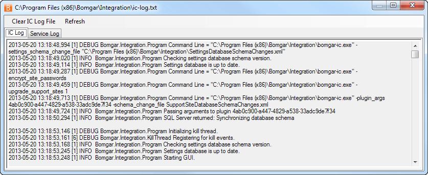 To view a log of the integration client's activity, click Log File at the bottom of the integration client window or select it from the Tools menu.