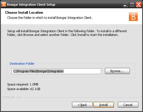 7. Choose where you would like the integration client to install. The default location is C:\Program Files\Bomgar\Integration. 8.