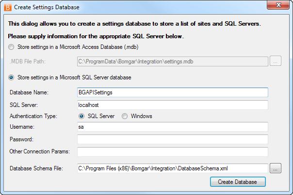 To create a settings database, click the Create Database link. 3. In the configuration dialog, enter the settings for your new database. These settings are defined in the table below.