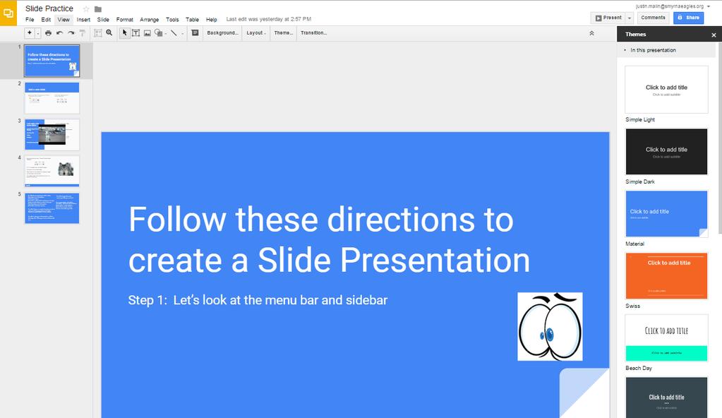 Google Slides Cheat Sheet This is what you will see when you log into Slides. 1 Slides consist of 4 sections. Knowing how each section works will save time and increase productivity.