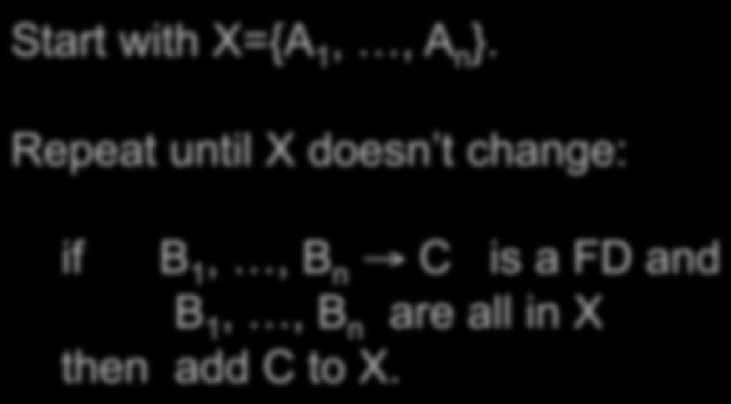 Closure Algo. (for Attributes) Start with X={A 1,, A n }.