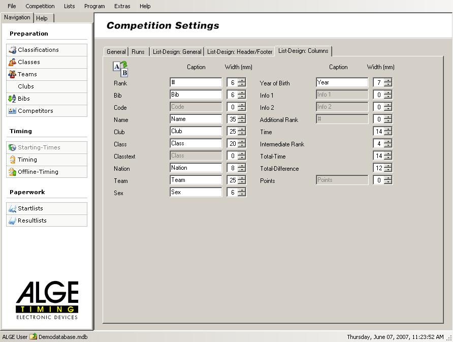 2.3 Preparations These settings are saved to the currently loaded competition data base and have to be carried out for every competition. 2.3.1 Classification Under this menu item the classifications are defined.
