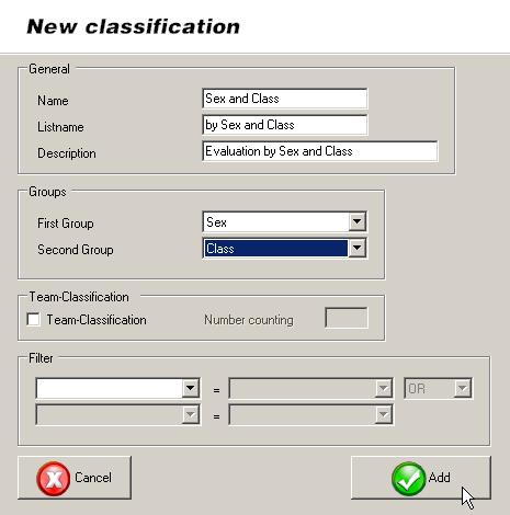 Should you require a specific classification you can add it with button New Classification. Then enter a name for the classification and the list text (text for start and result lists).