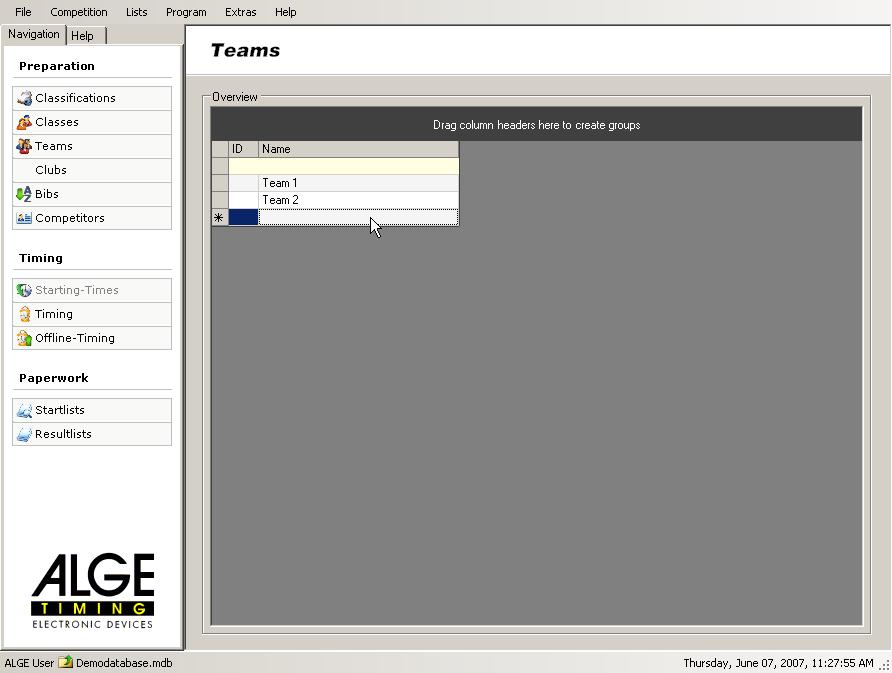 With Cancel you finish the class setting. 2.3.3 Teams Here, the single teams can be defined. At click on column Name and enter team names. Those will be accepted with enter key.