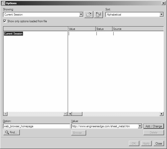 FIRST WALL FEATURES Close the Menu Mapper windows. Next, Select Tools > Options. The window shown in Figure 4 comes up. Figure 4 Enter the Option and Value as shown above.