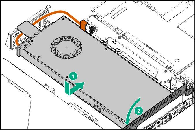11. Install the GPU in the riser cage, and then connect the cable to the GPU. 12. If installing a GPU requiring greater than 75 W, connect the power cable to the primary riser power connector. 13.