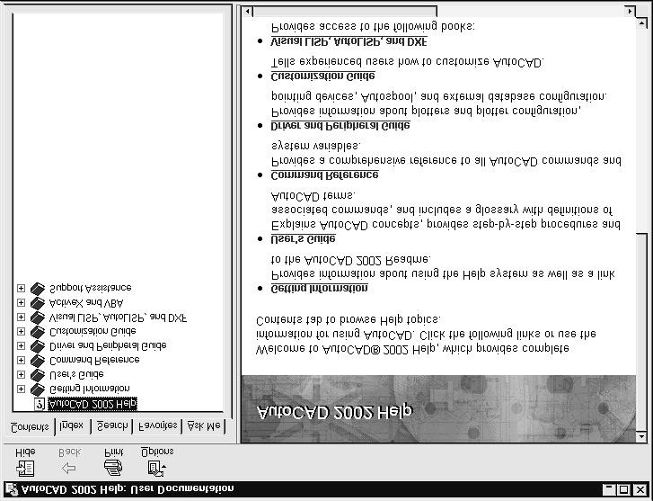 30 AutoCAD 2002: The Complete Reference Figure 1-12. The AutoCAD online Help Contents tab AutoCAD also includes an Active Assistance window.
