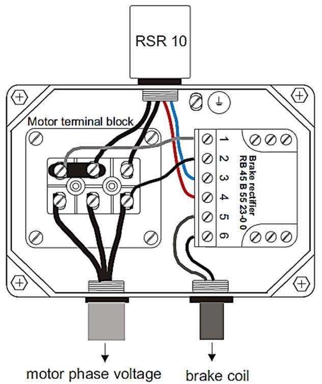 Lead pattern: Brake rectifier, current relay RSR10, motor terminal block (Motor: star connection) Reaction time of mechanical release of the brake at simultaneous switch off in the AC and DC