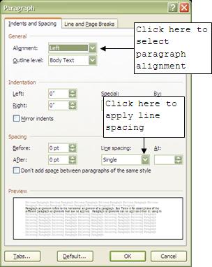 To apply paragraph alignment using the Paragraph dialog box: 1. Place the cursor within the paragraph to apply a new paragraph alignment. 2.
