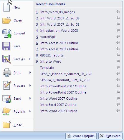Figure 2 - The Office Button Figure 3 - Commands within the Office Button Group USING THE QUICK ACCESS TOOLBAR The Quick Access Toolbar is located above the Ribbon and contains common, frequently