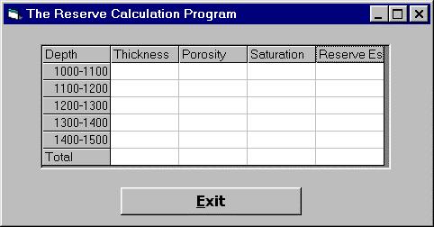 ColWidth ( number as Integer ) RowHeight ( number as Integer ) The number in the parentheses specifies the row or column that is to be modified. Figure 4-5. The Reserve calculation program interface.