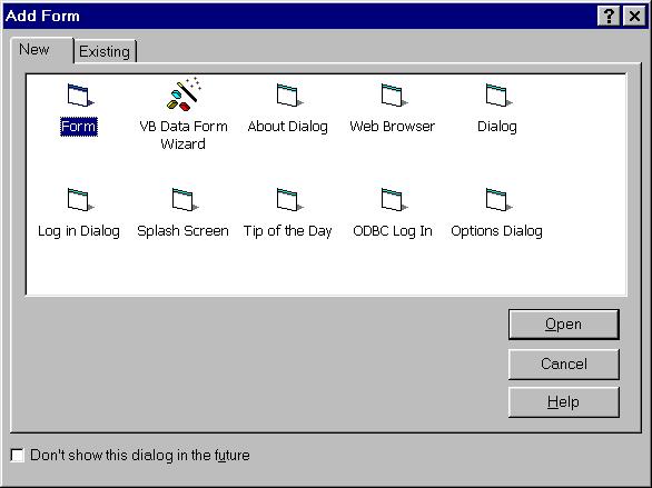 Figure 16-14. The Add Form dialog box. Once the new form has been added to the project, use the following table to develop the Open dialog interface.