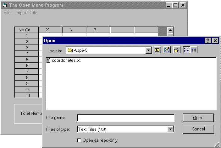 The Open File Dialog Program (Revised) 1. Start a new application using the Standard.EXE option in Visual Basic. 2. Use the same interface as you developed for the last example.
