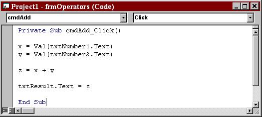 Figure 2-7. Code Editing window for cmdadd Command button. Subtraction Double click on the Subtract Command Button Write the following code in cmdsubtract Code Window x = Val (txtnumber1.