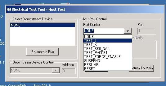 4.9 Host Test J/K, SE0_NAK (EL_8, EL_9) 1. Attach the dongle of the SQ Host section of the test fixture to the port under test. 2. Select TEST_J from the Port Control drop down menu.