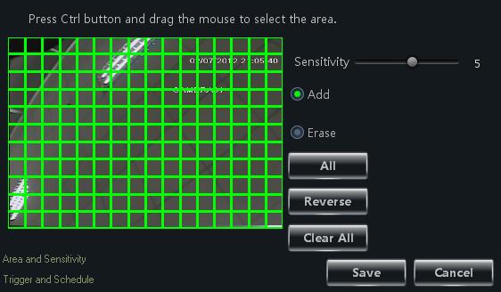 17 Motion Detection Alarm Settings Click Area and Sensitivity under Motion Detection Alarm Setting to enter the interface. 1 Drag slide bar to set the sensitivity value.