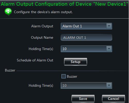 NVMS1000 User Manual 15 Alarm Output Configuration Click Alarm Output Configuration to go to the interface as shown on the right.