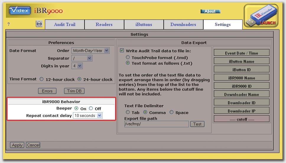 CHAPTER 3 Software Operation Figure 3-18: The Settings Tab - ibr9000 Behavior Section The Data Export section of the Settings page allows the user to create a data set for use with existing