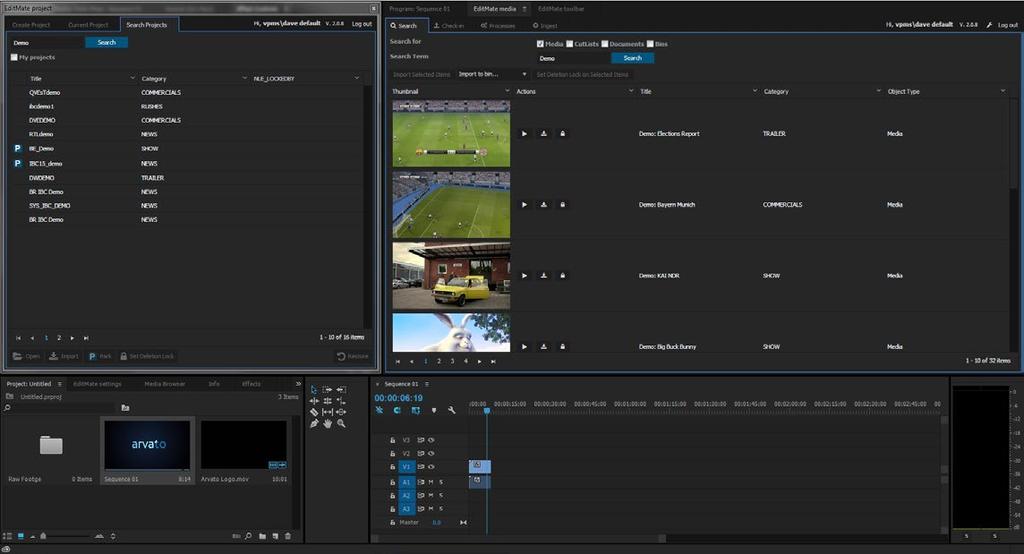 integration to common NLE systems Storage management and Housekeeping EditMate Key Features PAM for Adobe Premiere Pro CC Material search, ingest & check-in p p Integrated project and content